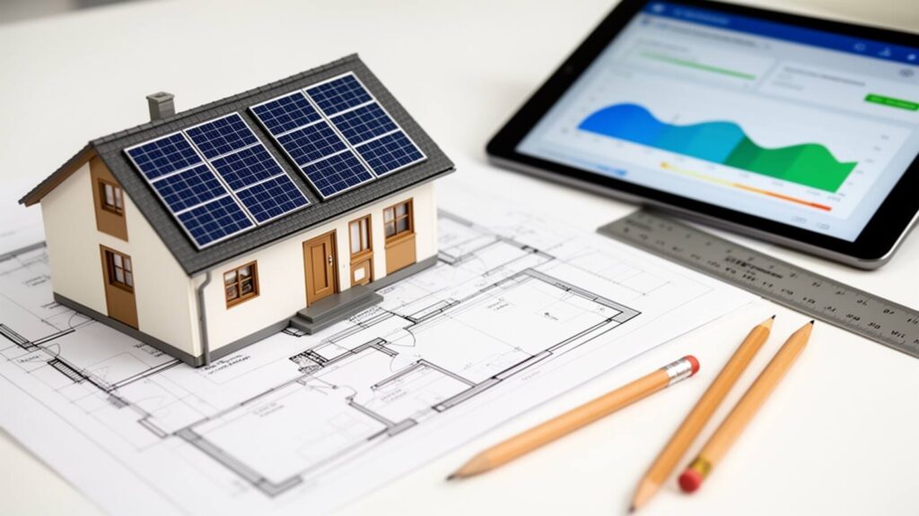 Maqueta de vivienda con paneles solares sobre planos arquitectonicos y tablet con dashboard de energia solar