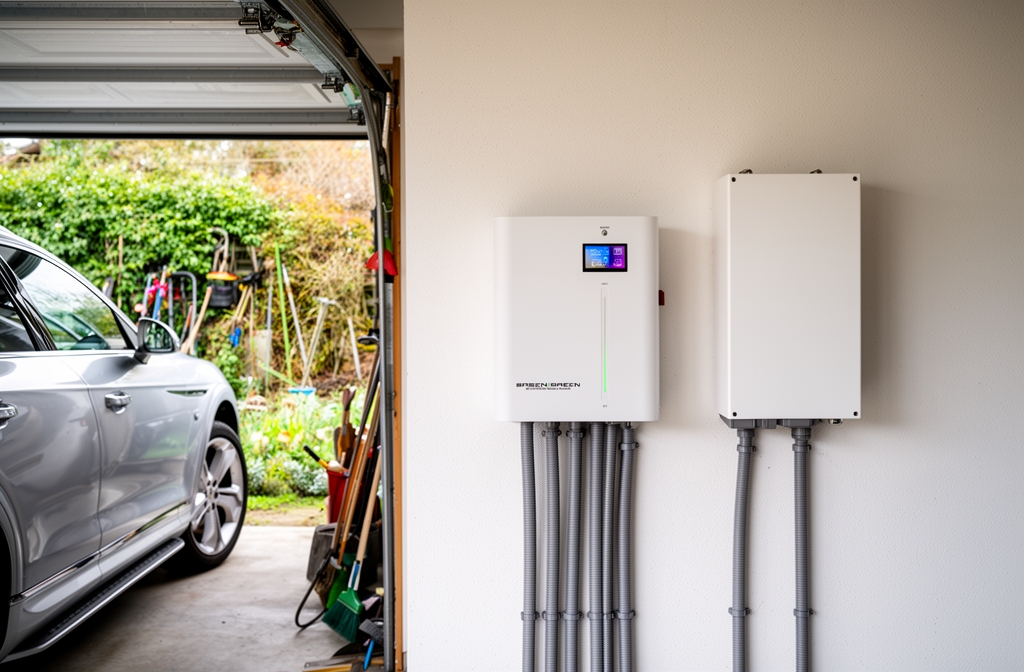 Bateria de litio para placas solares instalada en garaje junto a inversor solar