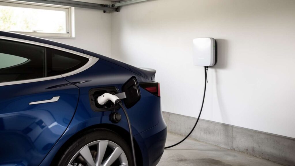 Cargador de coche electrico instalado en garaje residencial con wallbox conectado a vehiculo electrico azul