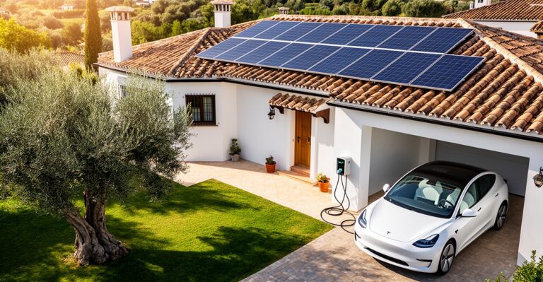 Vivienda mediterranea con placas solares en el tejado y coche electrico cargando en la entrada