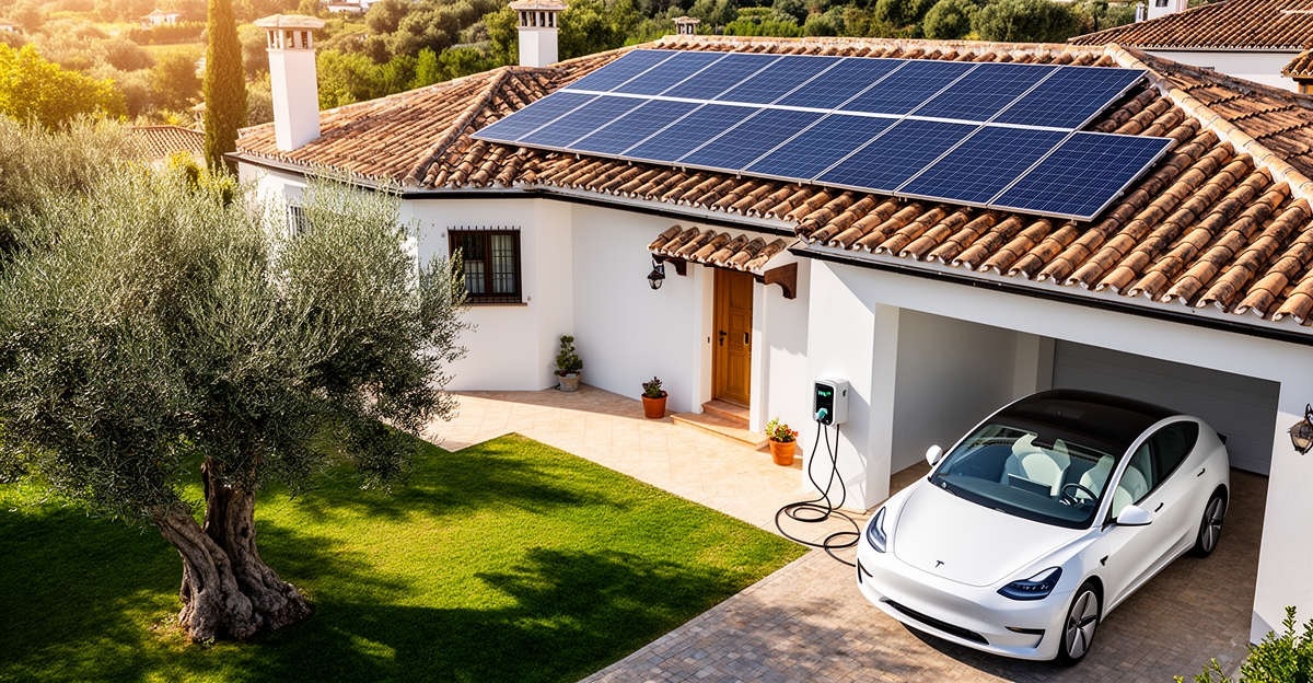 Vivienda mediterranea con placas solares en el tejado y coche electrico cargando en la entrada