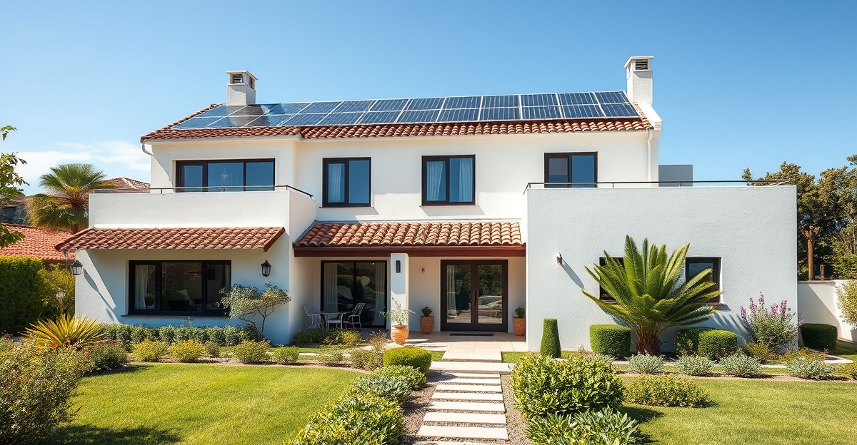 Casa moderna con placas solares instaladas en el tejado y jardin mediterraneo