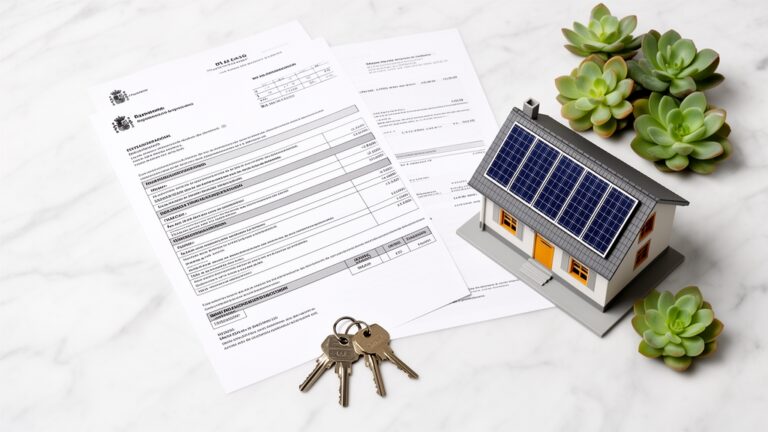 Documentos oficiales de bonificacion IBI por placas solares junto a maqueta de casa con paneles solares y llaves sobre mesa de marmol