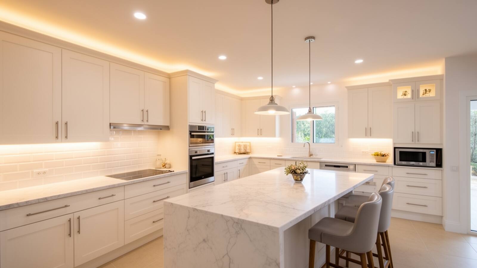 Cocina moderna española con instalacion electrica profesional iluminacion LED bajo muebles spots empotrados y enchufes integrados