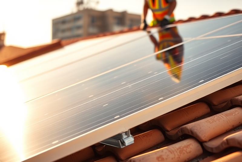 Detalle de placa solar instalada en tejado de tejas con trabajador al fondo