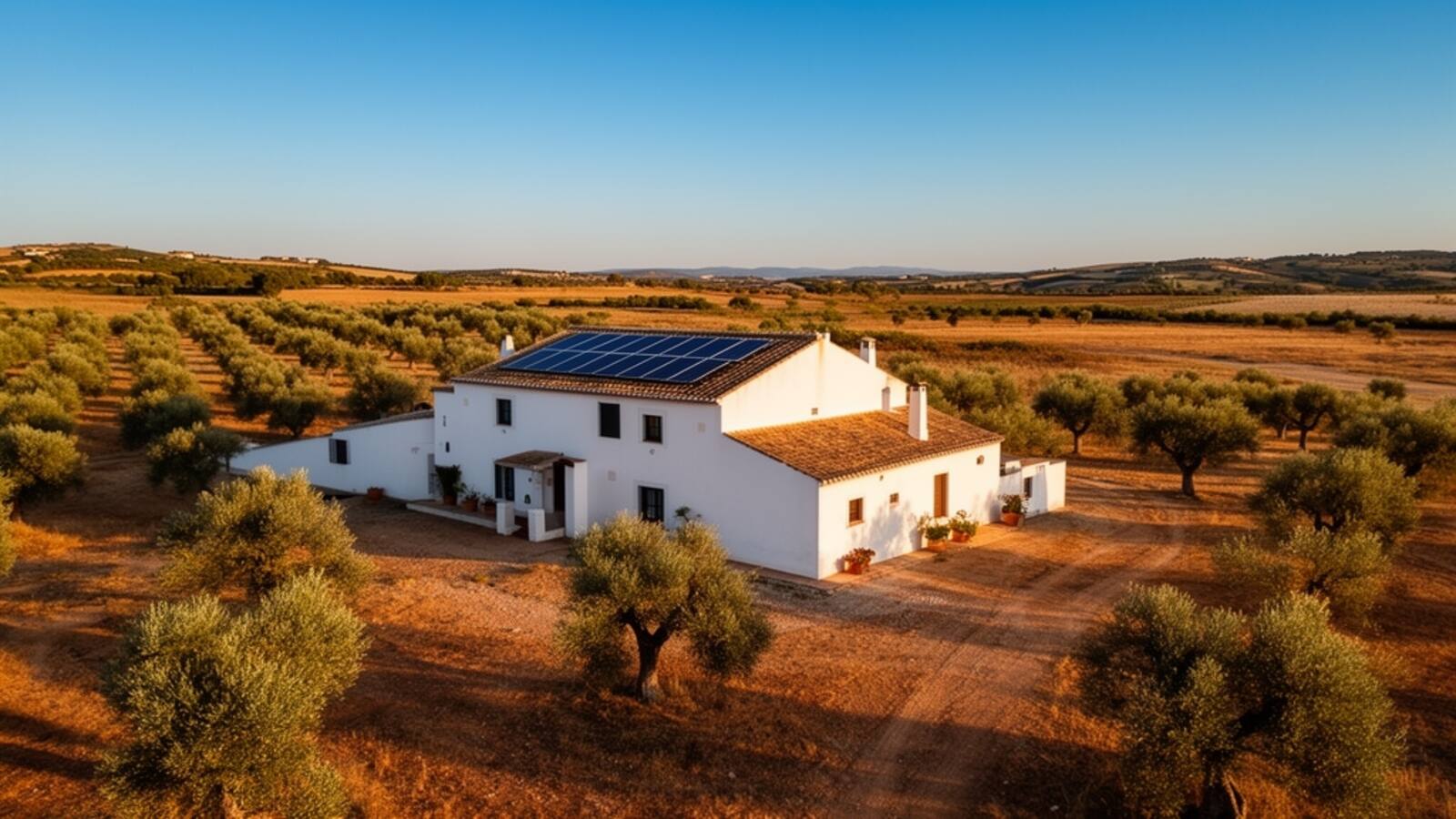 Instalacion de placas solares en cortijo rural aislado sin conexion a red electrica rodeado de olivos en paisaje mediterraneo