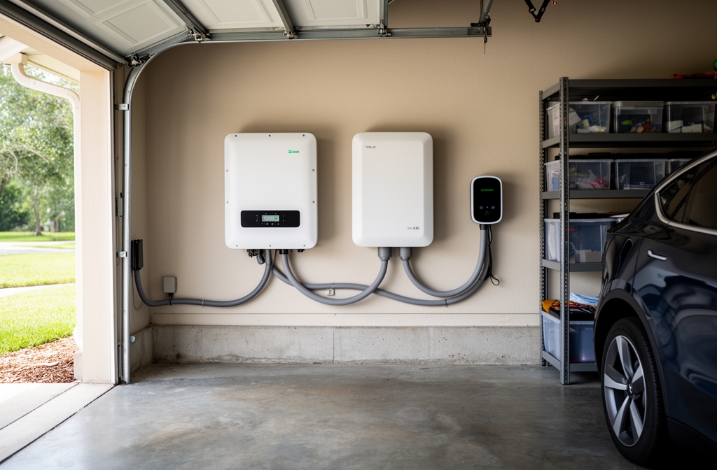 Inversor solar batería doméstica y cargador wallbox instalados juntos en garaje de vivienda