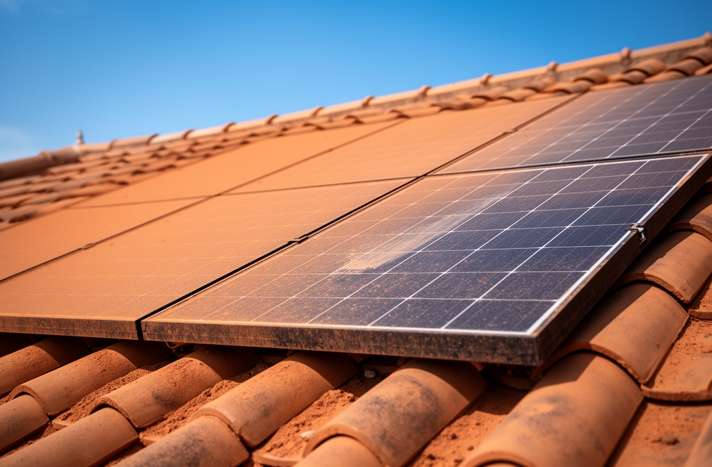Paneles solares sucios con polvo de calima sahariana en tejado de teja, uno parcialmente limpio mostrando el contraste