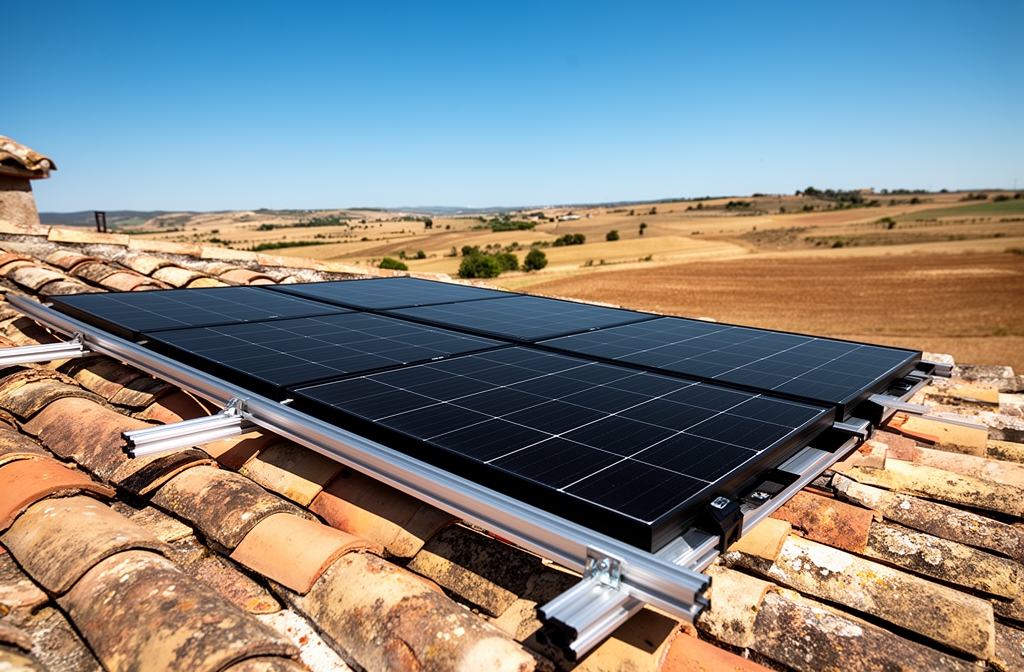 Paneles solares negros sobre raíles de aluminio en tejado de teja antigua con paisaje rural castellano de fondo