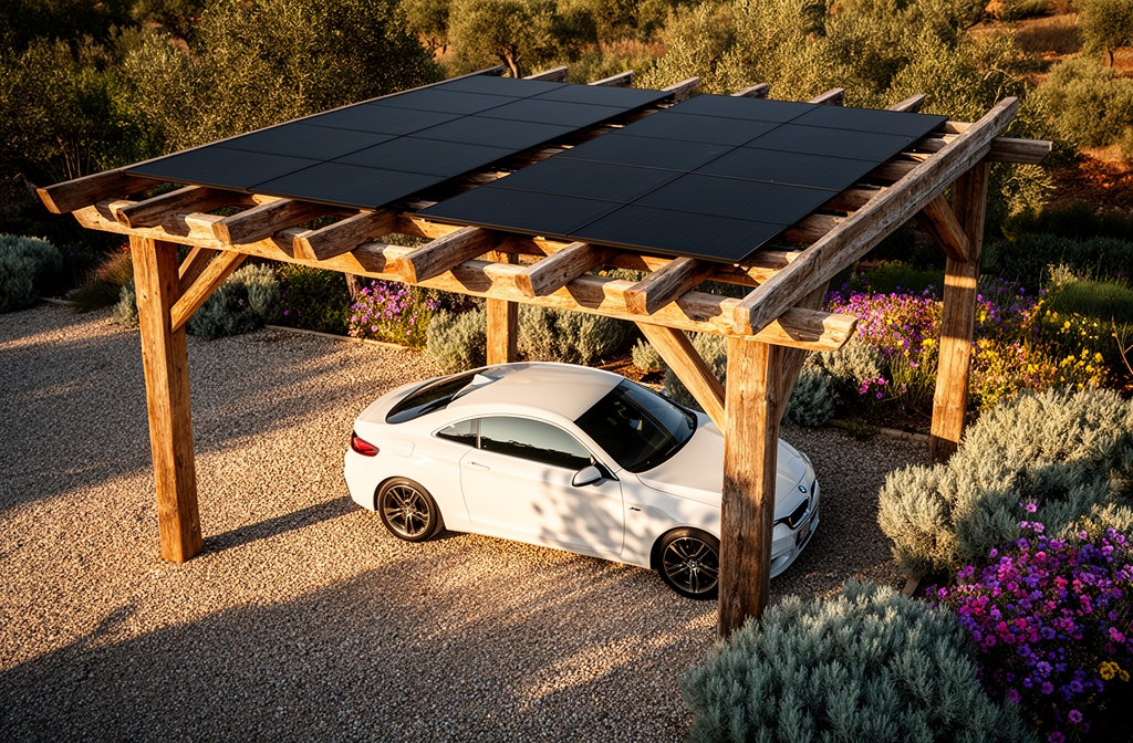 Pérgola de madera con paneles solares como carport y coche eléctrico blanco aparcado debajo