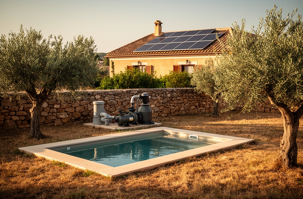 Piscina rectangular en jardín de casa de campo con depuradora visible y paneles solares en el tejado