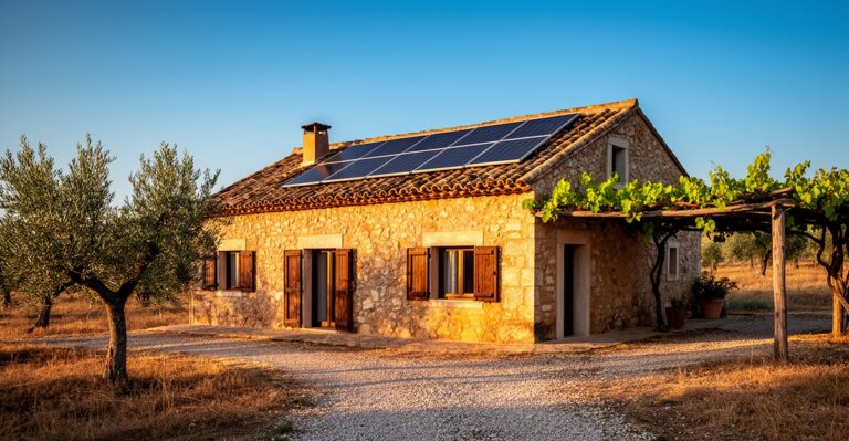 Casa de campo de piedra con placas solares en tejado de teja rodeada de olivos en paisaje rural espanol