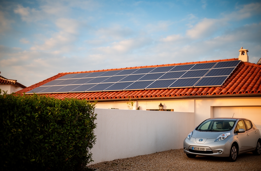 Placas solares en tejado de teja de vivienda mediterránea con coche eléctrico en la entrada