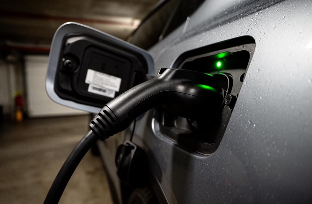 Detalle del puerto de carga de un coche eléctrico con cable Type 2 conectado y LED verde