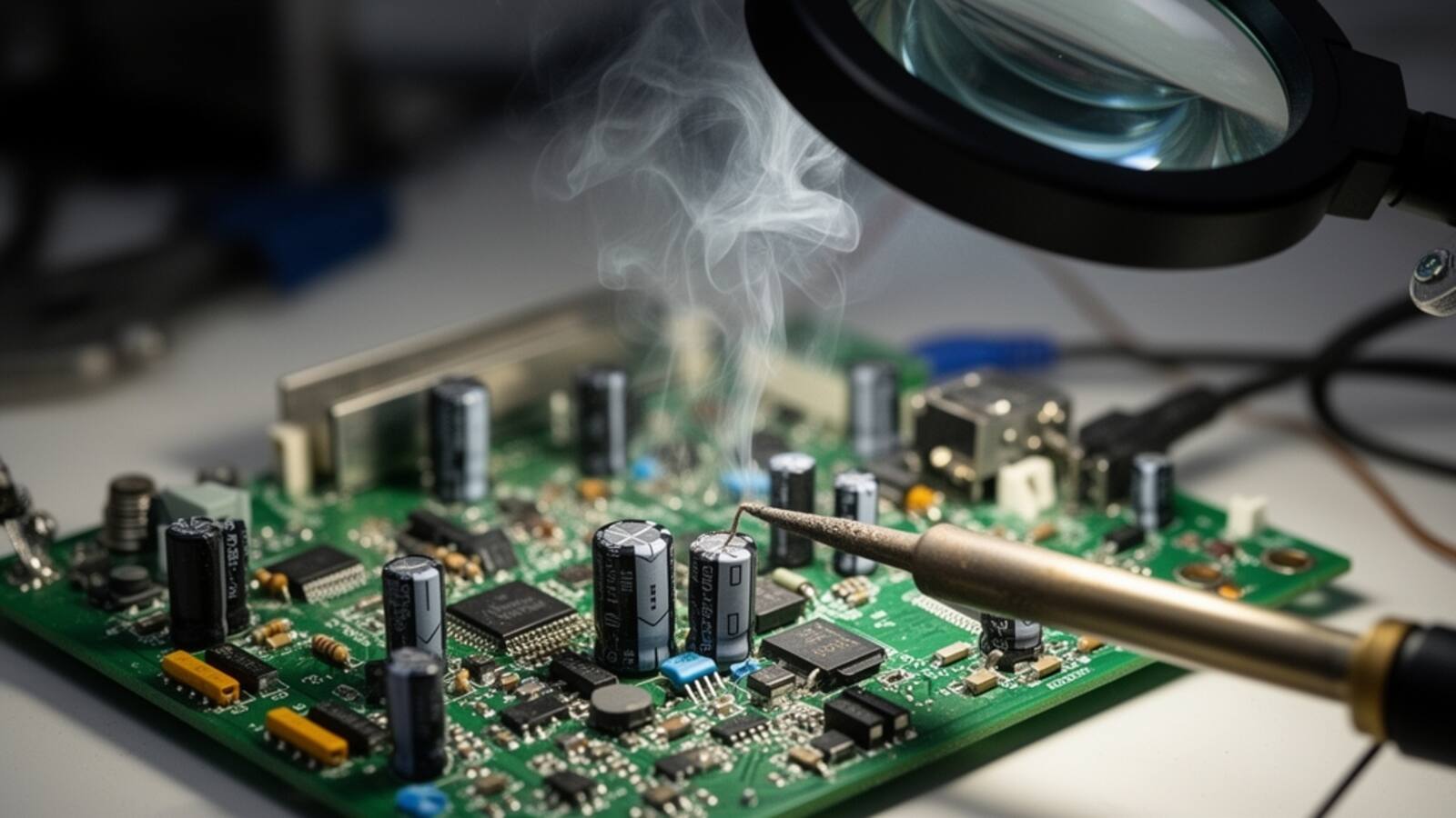 Soldadura de componente electronico en placa de circuito PCB con soldador de precision