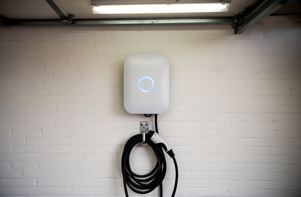 Cargador wallbox para coche eléctrico instalado en pared de garaje con cable enrollado
